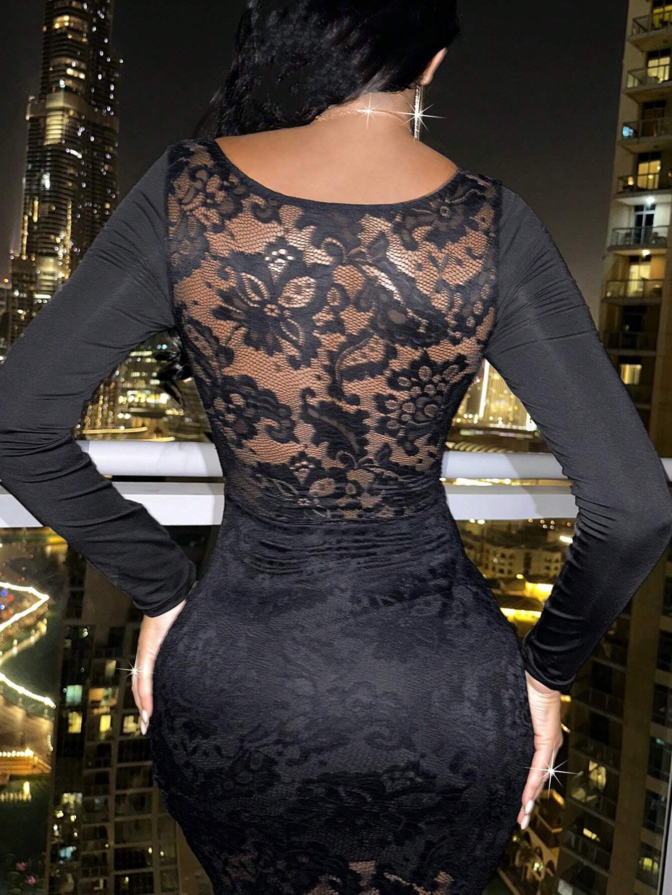 Foxxy Knitted Lace Cup Detail Long Sleeve Sexy Women Dress