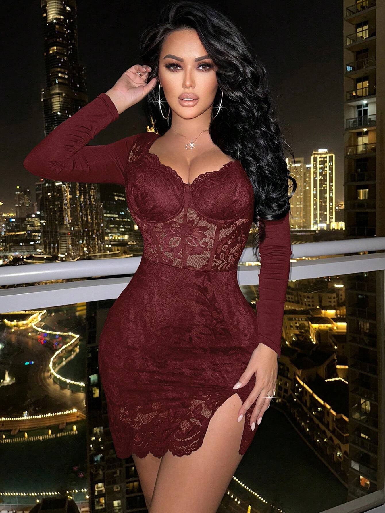 Foxxy Knitted Lace Cup Detail Long Sleeve Sexy Women Dress