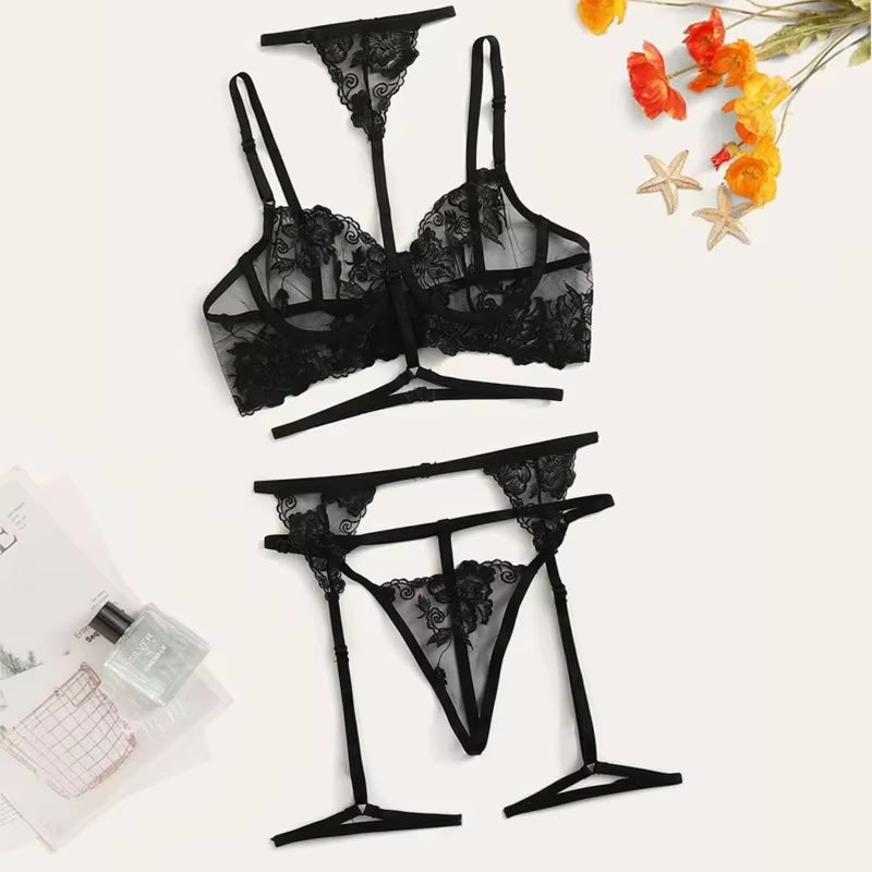 Woman Flower Lace Underwire Garter and Thong Sexy Bra Ultrathin Underwear Set Transparent Bra Set Embroidery Lingerie Brassiere