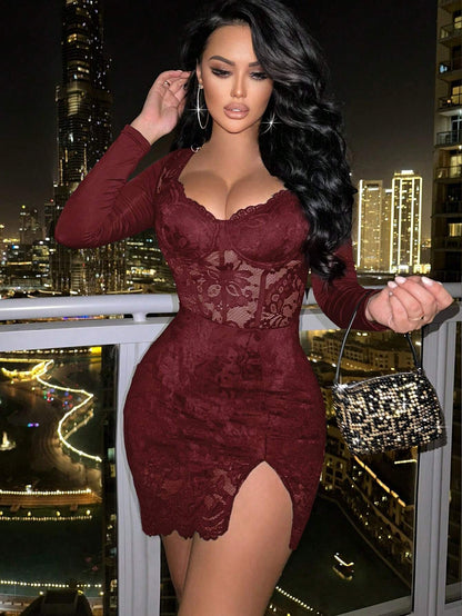 Foxxy Knitted Lace Cup Detail Long Sleeve Sexy Women Dress