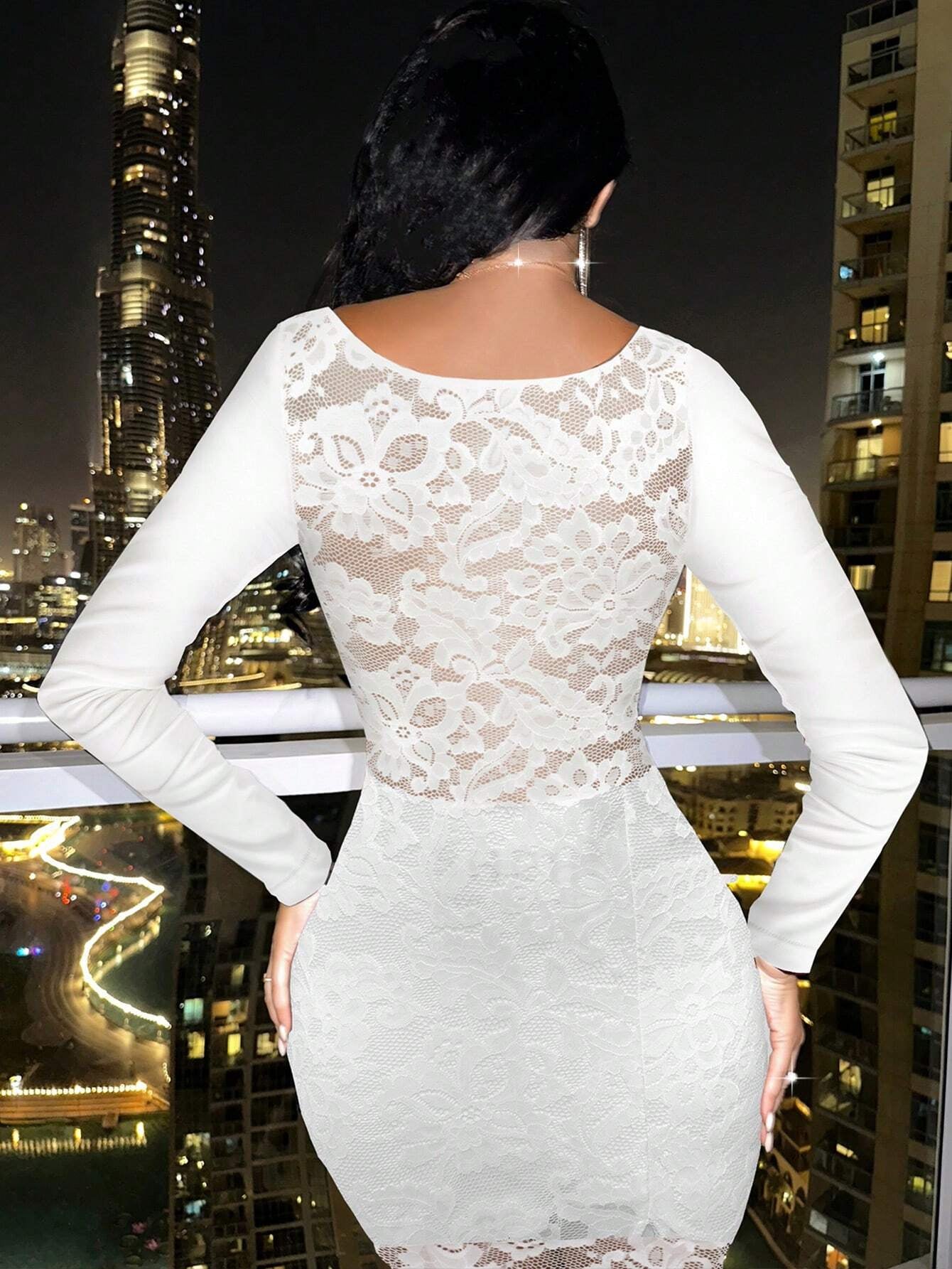 Foxxy Knitted Lace Cup Detail Long Sleeve Sexy Women Dress