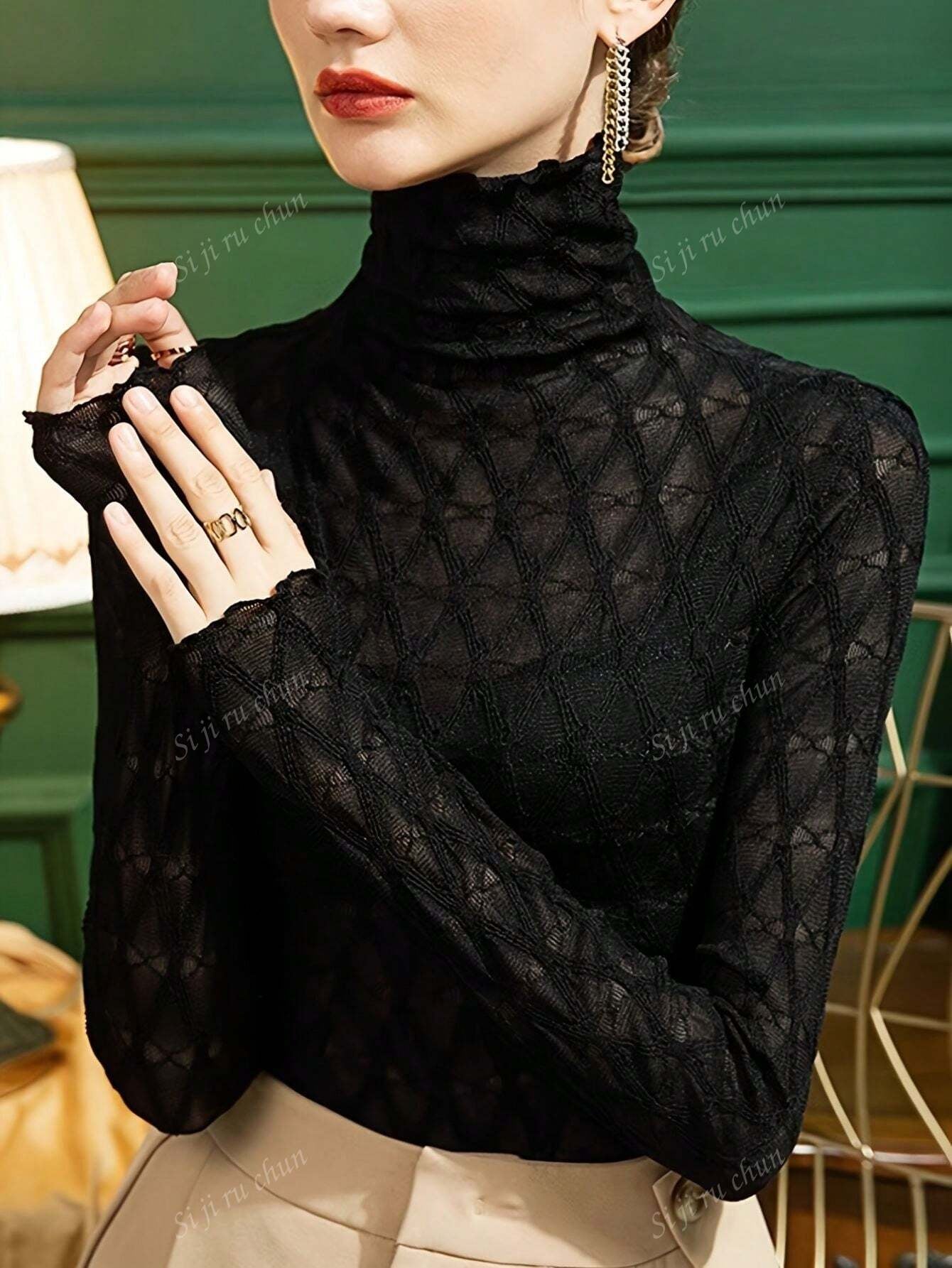 Women High Neck Lace Trim Slim Fit Long Sleeve Undershirt Top, Popular Black T-Shirt, Spring & Autumn